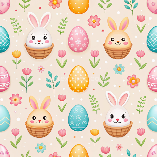 Seamless 3D PBR Texture of Cute Easter Eggs and Bunny in Basket with Floral Elements