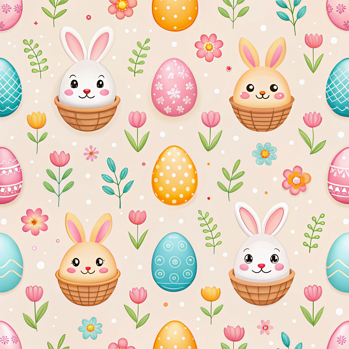 All Easter Digital paper of Cute Easter Eggs and Bunny in Basket with F… seamless PBR texture preview