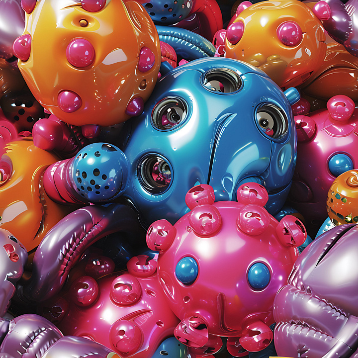 Inflated Glossy Vinyl Bubble in Blue, Orange, and Pink seamless PBR texture preview