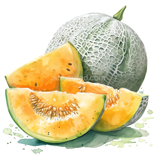 Watercolor Illustration of Yellow Melon Slices and Cantaloupe for Breakfast Design