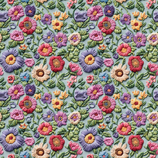 Seamless 3D PBR Texture of Colorful Embroidered Floral Fabric with Raised Stitching