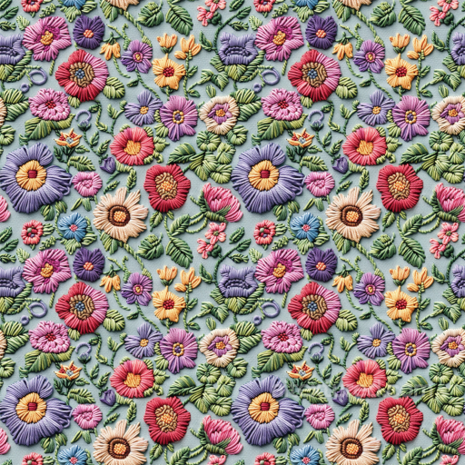 Colorful Embroidered Floral Fabric Seamless Texture with Raised Stitching seamless Embroidered floral PBR texture