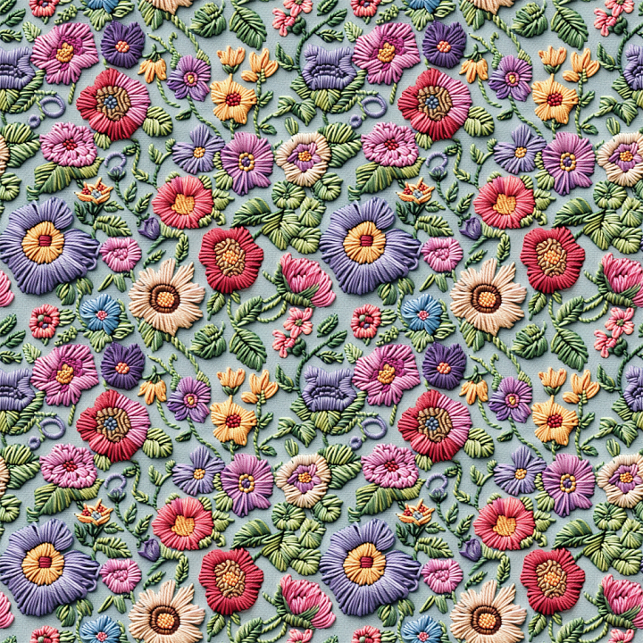 Colorful Embroidered Floral Fabric with Raised Stitching seamless PBR texture preview