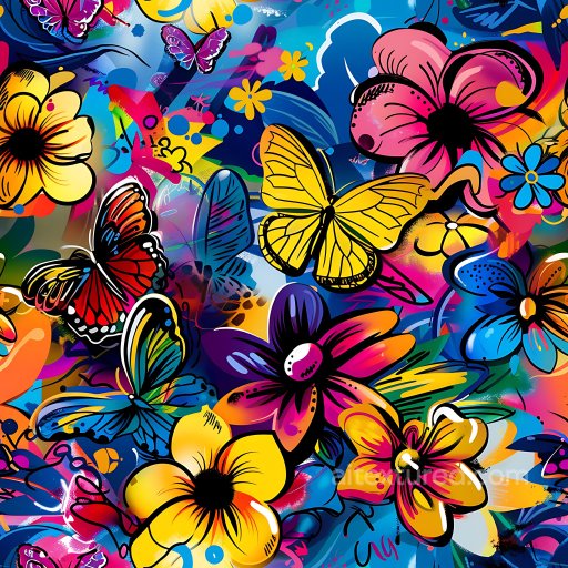 Seamless 3D PBR Graffiti Texture Featuring Vibrant Flowers and Butterflies texture preview