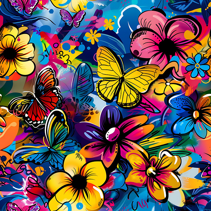 Graffiti Featuring Vibrant Flowers and Butterflies seamless PBR texture preview