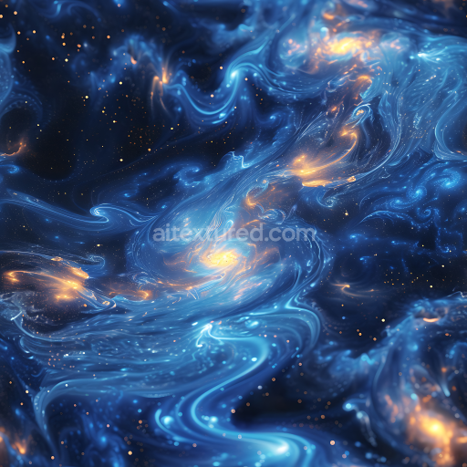 Seamless 3D Space PBR Texture Featuring Glowing Blue Nebula Clouds and Gold Starfield