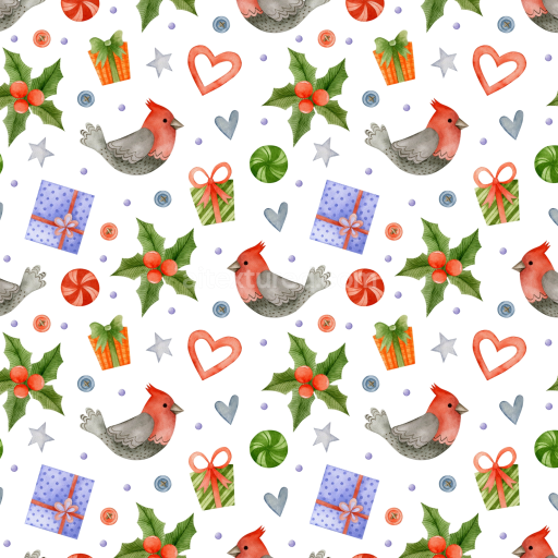 Seamless 3D PBR Watercolor Christmas Pattern Texture with Festive Icons