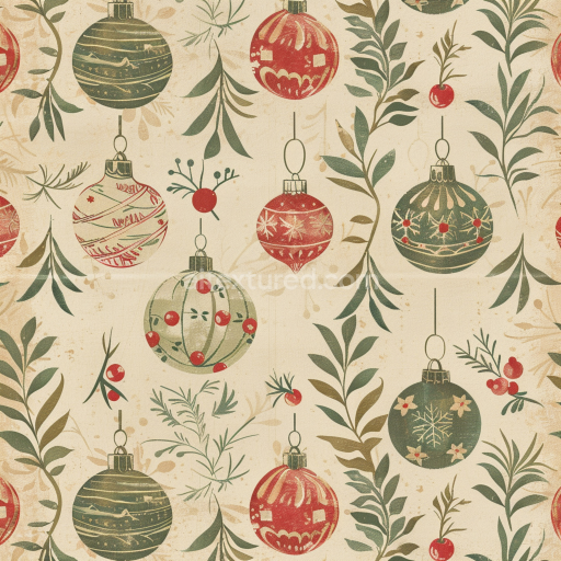 Seamless 3D PBR Texture with Vintage Christmas Ornaments and Foliage