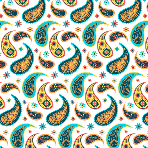 Seamless 3D PBR Texture of Retro Paisley Fabric with Vibrant Yellow, Blue, and Orange Patterns