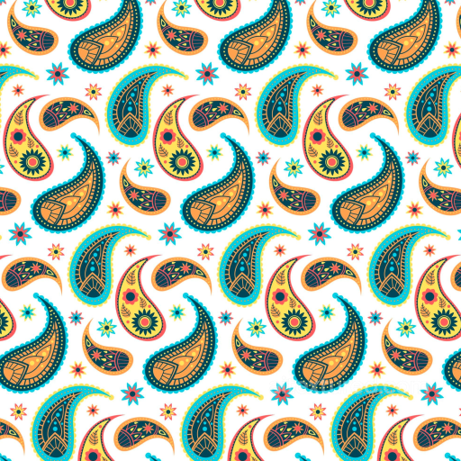 Retro Paisley Fabric Seamless Texture with Vibrant Yellow, Blue, and Orange Patterns seamless Retro Paisley PBR texture