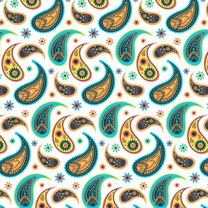 Retro Paisley Fabric with Vibrant Yellow, Blue, and Orange Patterns seamless PBR texture preview