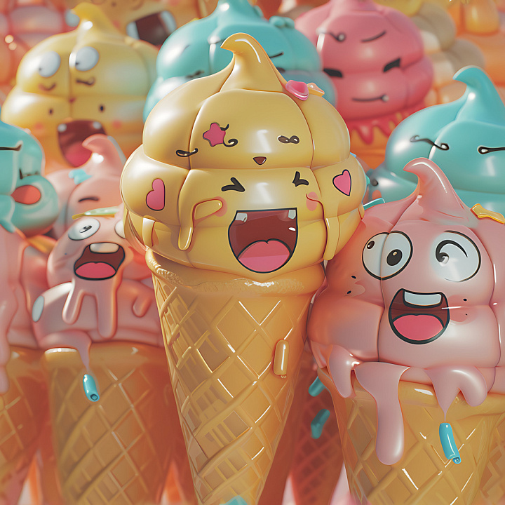 Inflated Cartoon Ice Cream Cones in Soft Glossy Colors seamless PBR texture preview