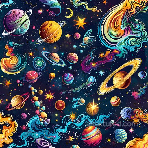 Space PBR Texture Featuring Vibrant Cartoon Planets, Stars & Cosmic Swirls seamless Star, space, planets PBR texture