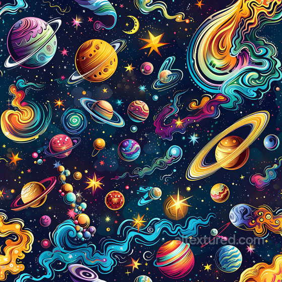 Space PBR Texture Featuring Vibrant Cartoon Planets, Stars & Cosmic Swirls Star, space, planets texture preview