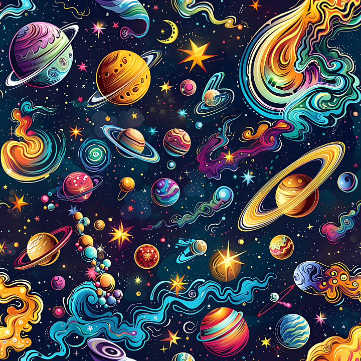Space Featuring Vibrant Cartoon Planets, Stars & Cosmic Swirls seamless PBR texture preview