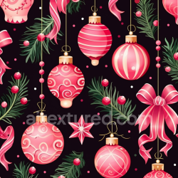 seamless Seamless 3D PBR Texture Featuring Pink and Red Christmas Ornaments with Pine Needles and Ribbons texture 8k free download PBR