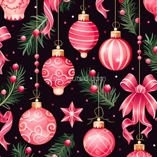 Seamless 3D PBR Christmas Digital Paper Texture with Pink Ornaments and Ribbons