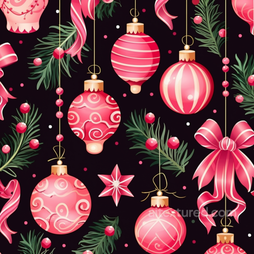 Featuring Pink and Red Christmas Ornaments with Pine Needles and Ribbons seamless All Christmas Digital paper PBR texture