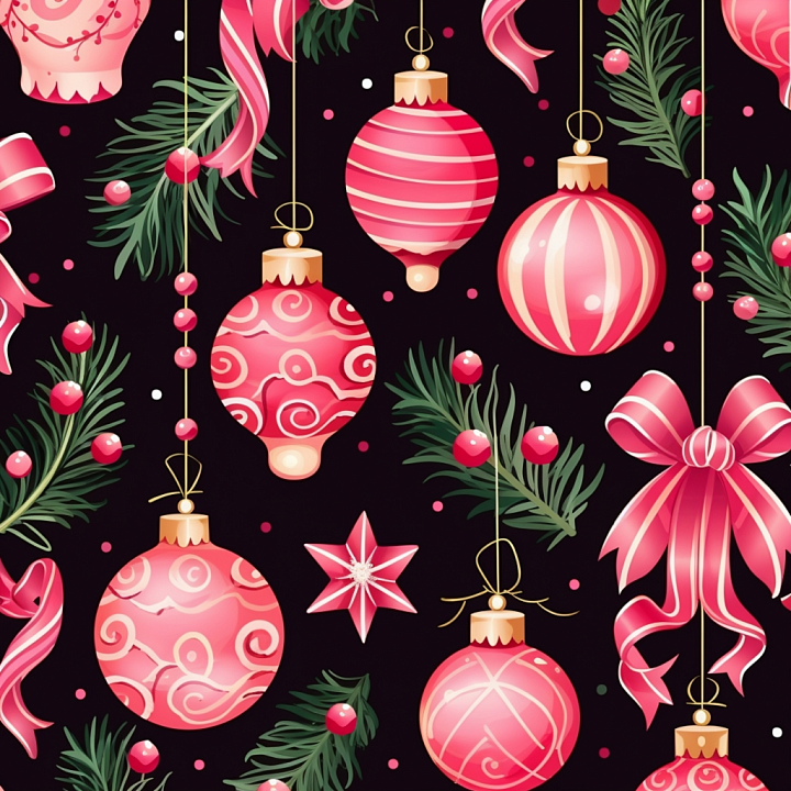 Christmas Digital Paper with Pink Ornaments and Ribbons seamless PBR texture preview