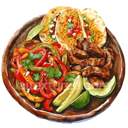 seamless Mixed Fajita Platter Breakfast Graphic with Meat, Peppers, and Lime Wedges texture 8k free download PBR
