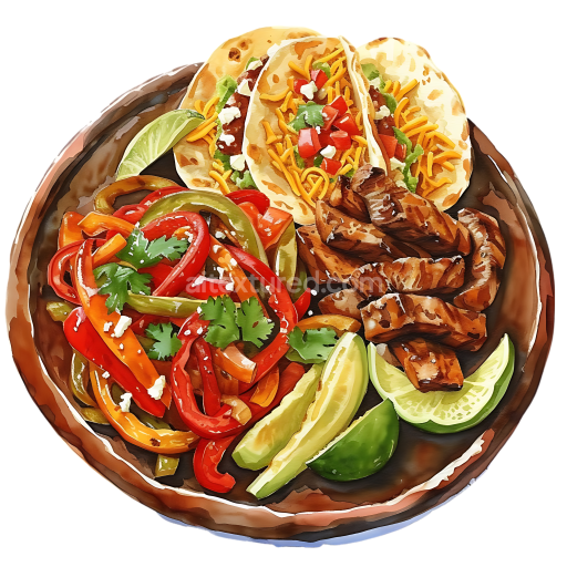 Mixed Fajita Platter Breakfast Graphic with Meat, Peppers, and Lime Wedges