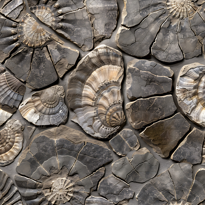Fossilized Stone Rock with Cracked Ammonite Patterns seamless PBR texture preview