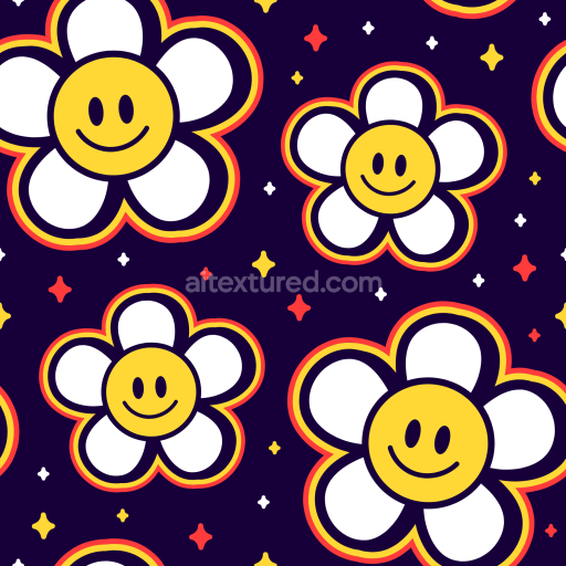 Seamless 3D PBR Happy Face Flower Pattern Texture in Bright Colors