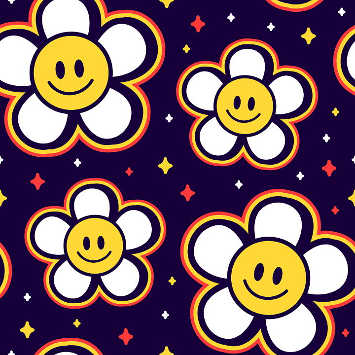 Happy Face Flower Pattern in Bright Colors seamless PBR texture preview