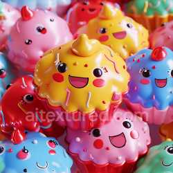 seamless Seamless 3D Inflated PBR Texture of Glossy Colorful Cute Cupcakes with Smiling Faces texture 8k free download PBR