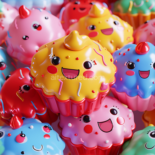 Seamless 3D Inflated PBR Texture Featuring Colorful Vinyl Cupcake Characters