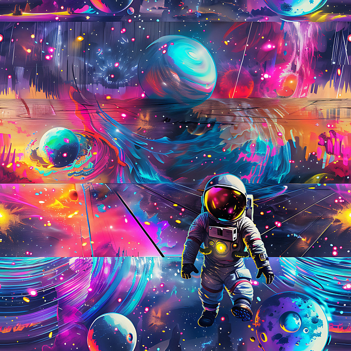 Graffiti Featuring Vibrant Cosmic and Astronaut Design seamless PBR texture preview