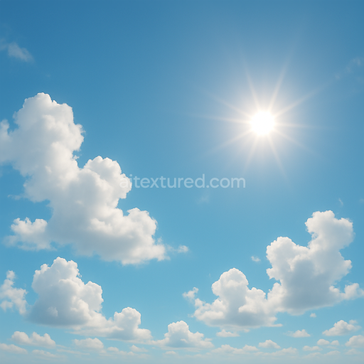 Seamless 8k PBR 3d texture of tropical sky with cumulus clouds and bright sun flare