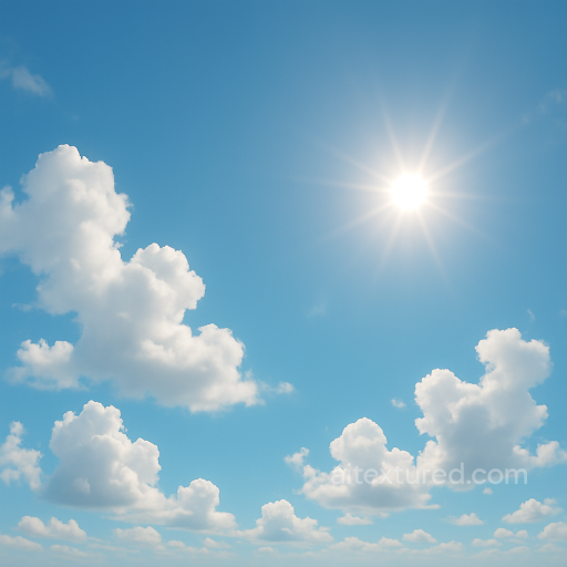 Seamless 8K PBR 3D texture of tropical sky with cumulus clouds and bright sun flare seamless Sky PBR texture