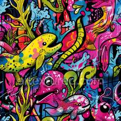 seamless Seamless 3D PBR Texture of Vibrant Underwater Animal Graffiti in 4K texture 8k free download PBR
