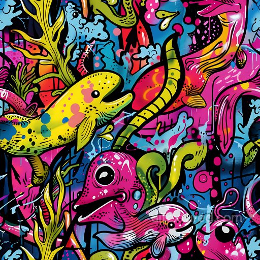 Seamless 3D PBR Texture of Vibrant Underwater Animal Graffiti in 4K texture preview