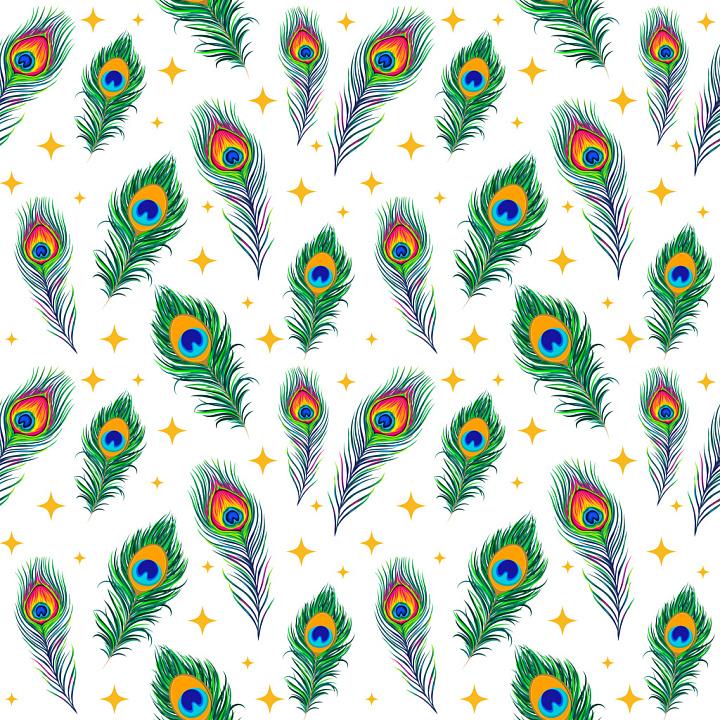 Pattern with Colorful Peacock Feathers and Sparkling Motifs seamless PBR texture preview