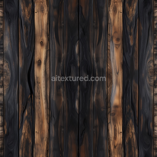 Seamless 3D Charred Wood Planks PBR Texture with Rustic Knots and Grain