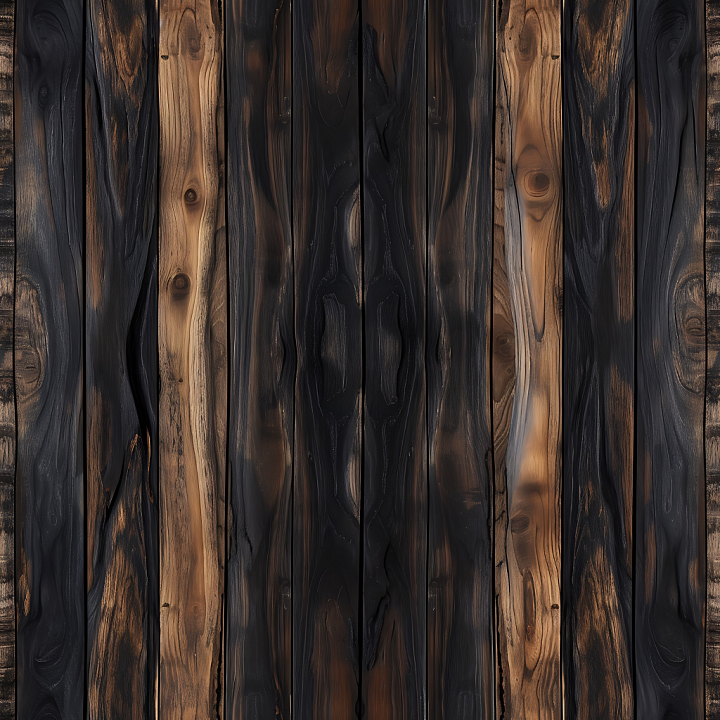 Charred Wood Planks with Rustic Knots and Grain seamless PBR texture preview