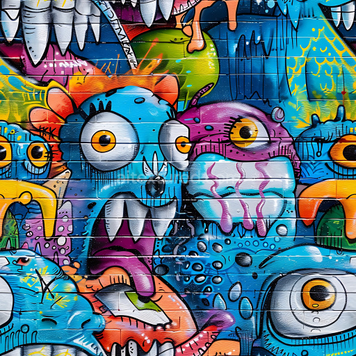 Seamless 3D PBR Texture of Vibrant Urban Street Art Graffiti with Cartoonish Characters