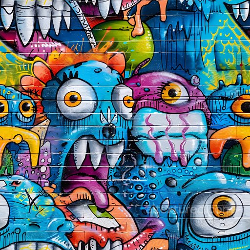 Seamless 3D PBR Texture of Vibrant Urban Street Art Graffiti with Cartoonish Characters texture preview