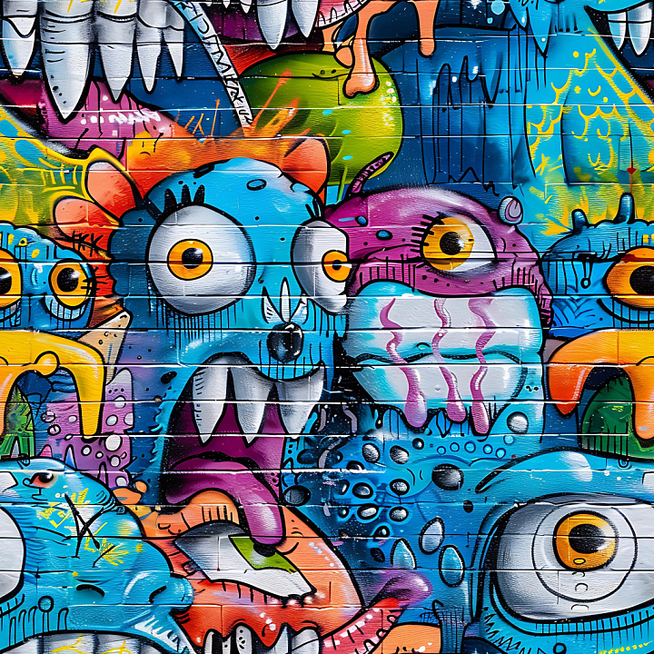 Vibrant Urban Street Art Graffiti with Cartoonish Characters seamless PBR texture preview