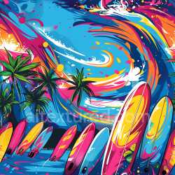 seamless Seamless 3D PBR Texture of Vibrant Surfboard Graffiti with Palm Trees & Ocean Waves texture 8k free download PBR