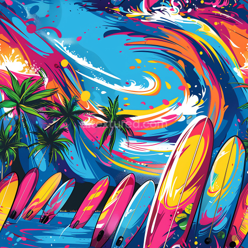 Seamless 3D PBR Texture of Vibrant Surfboard Graffiti with Palm Trees & Ocean Waves