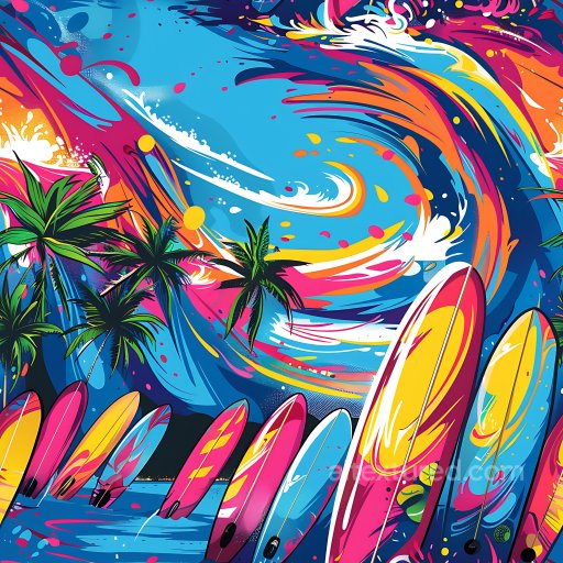 Seamless 3D PBR Texture of Vibrant Surfboard Graffiti with Palm Trees & Ocean Waves texture preview