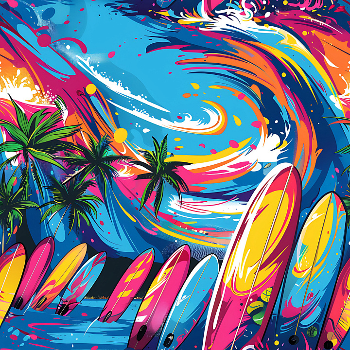 Vibrant Surfboard Graffiti with Palm Trees & Ocean Waves seamless PBR texture preview