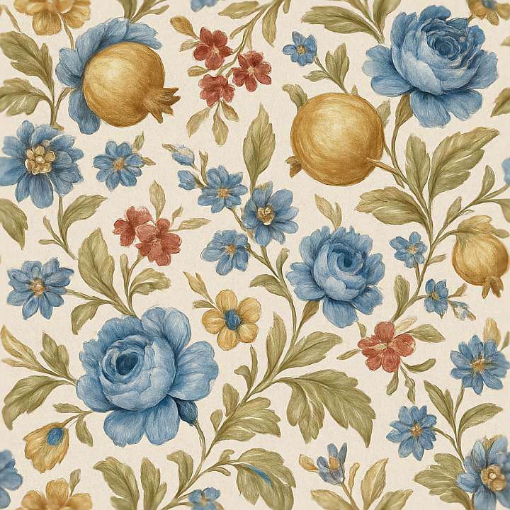Mediterranean Floral Wallpaper With Textured Linen Weave And Satin Glos… seamless PBR texture preview