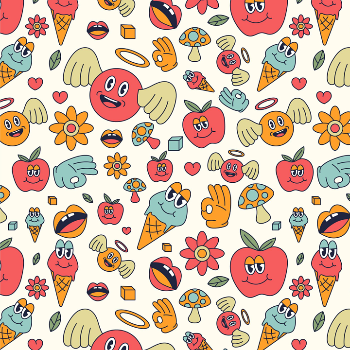 Featuring Colorful Cartoon Happy Face Pattern seamless PBR texture preview