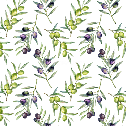 Seamless 3D PBR Texture of Watercolor Olive Branches with Green and Purple Olives