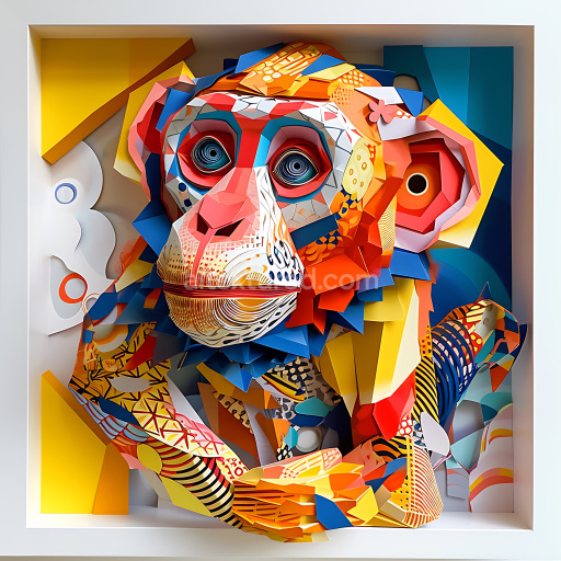 Seamless 3D PBR Texture Featuring Origami-Inspired Brightly Colored Monkey Pattern