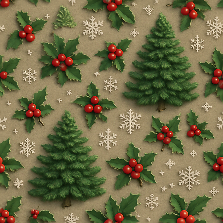 Christmas Tree Holly Leaves Red Berries Snowflakes seamless PBR texture preview